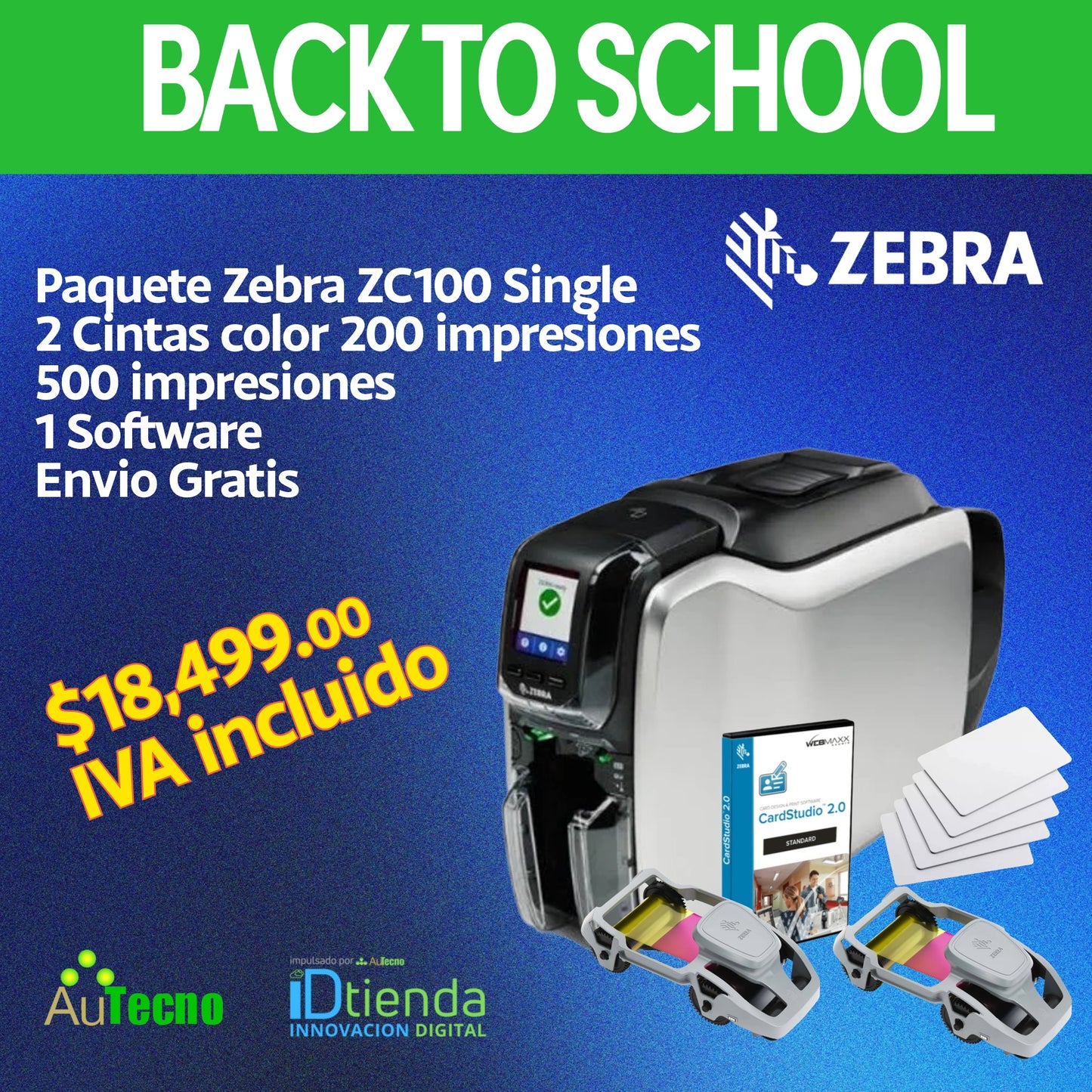 🎓Paquete listo para imprimir: Zebra ZC100, una cara a la vez, paquete completo.