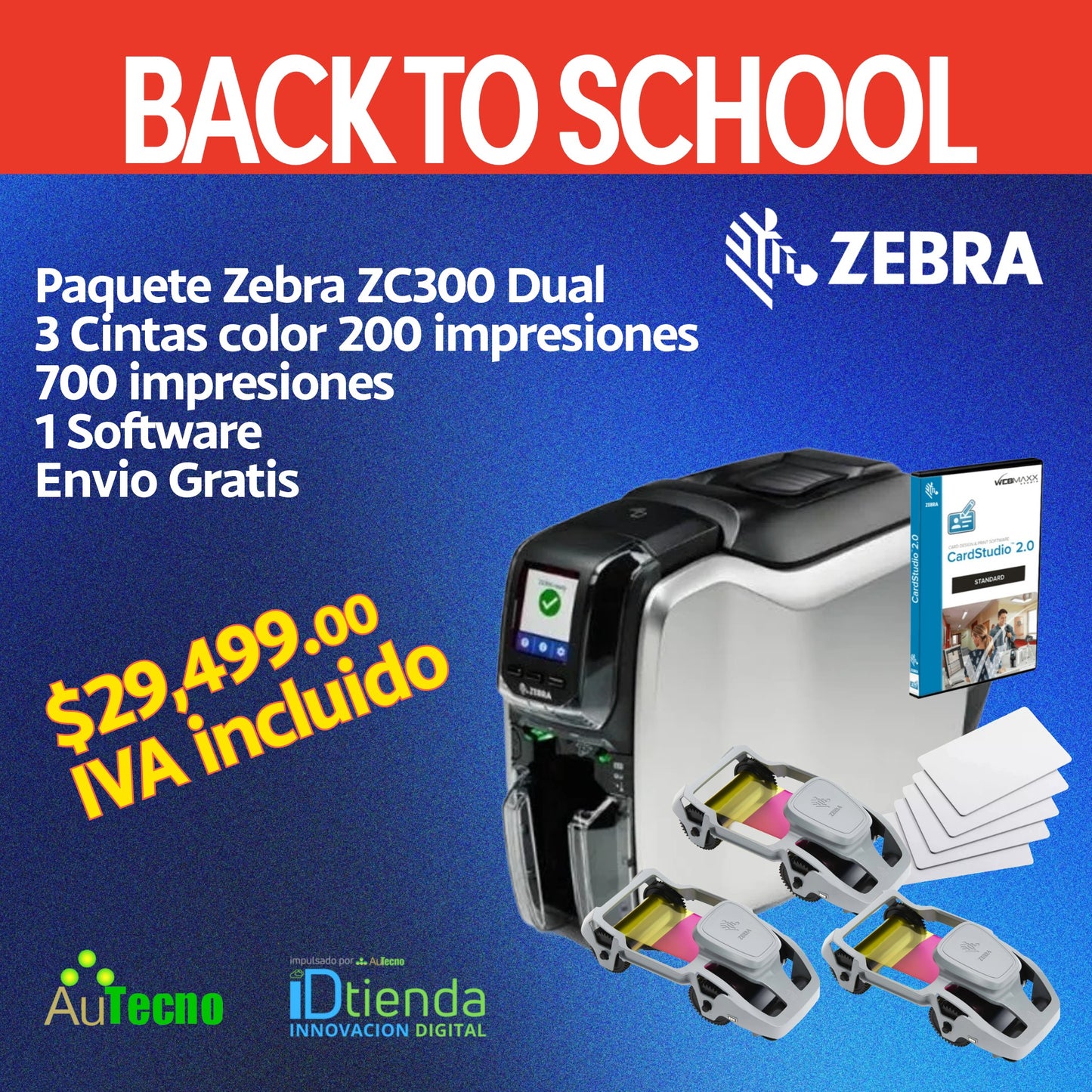 🎓Paquete listo para imprimir: Zebra ZC300, una cara a la vez, paquete completo